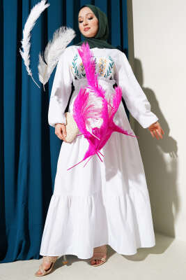 Nakışlı Bel Lastikli Kat Kat Elbise Beyaz - Tesettür Elbise