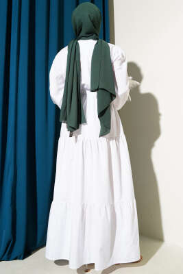 Nakışlı Bel Lastikli Kat Kat Elbise Beyaz - Tesettür Elbise