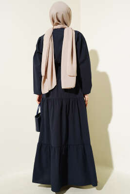Nakışlı Bel Lastikli Kat Kat Elbise Lacivert - Tesettür Elbise