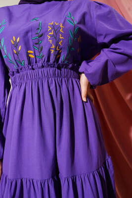 Nakışlı Bel Lastikli Kat Kat Elbise Mor - Tesettür Elbise