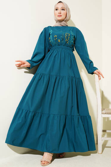 Nakışlı Bel Lastikli Kat Kat Elbise Petrol - Elbise