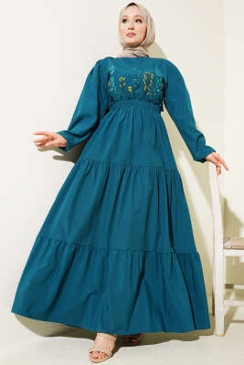 Nakışlı Bel Lastikli Kat Kat Elbise Petrol 