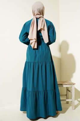 Nakışlı Bel Lastikli Kat Kat Elbise Petrol - Tesettür Elbise