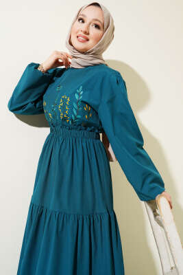 Nakışlı Bel Lastikli Kat Kat Elbise Petrol - Tesettür Elbise