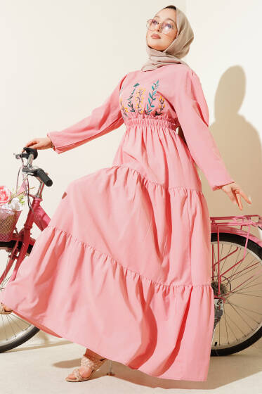 Nakışlı Bel Lastikli Kat Kat Elbise Pudra - Elbise