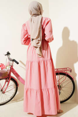 Nakışlı Bel Lastikli Kat Kat Elbise Pudra - Tesettür Elbise