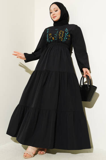 Nakışlı Bel Lastikli Kat Kat Elbise Siyah - Elbise