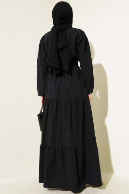 Nakışlı Bel Lastikli Kat Kat Elbise Siyah - Tesettür Elbise