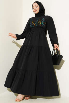 Nakışlı Bel Lastikli Kat Kat Elbise Siyah 