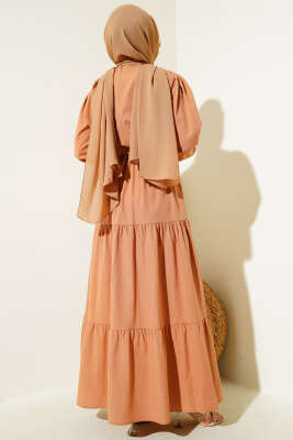 Nakışlı Bel Lastikli Kat Kat Elbise Taba - Tesettür Elbise