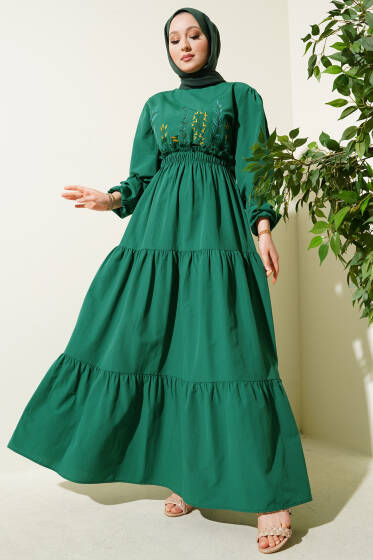 Nakışlı Bel Lastikli Kat Kat Elbise Zümrüt - Elbise