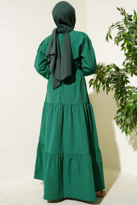 Nakışlı Bel Lastikli Kat Kat Elbise Zümrüt - Tesettür Elbise