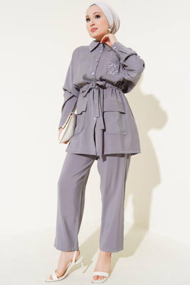 Nakışlı Bel Tünelli Tencel İkili Takım Gri - İkili Takım