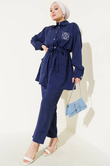 Nakışlı Bel Tünelli Tencel İkili Takım Lacivert - İkili Takım