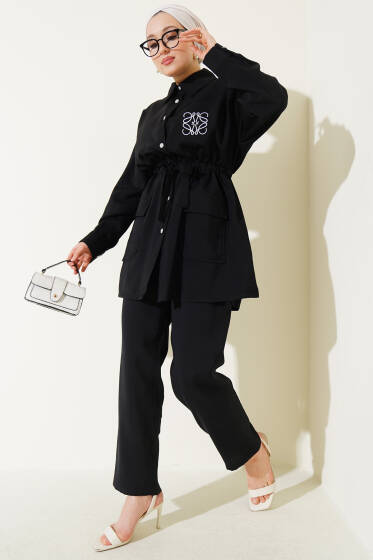 Nakışlı Bel Tünelli Tencel İkili Takım Siyah - İkili Takım