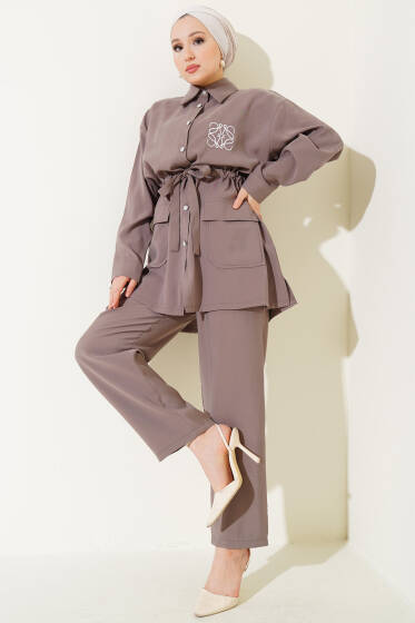 Nakışlı Bel Tünelli Tencel İkili Takım Vizon - İkili Takım