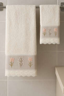 Nakışlı Dantelli 2'li Banyo ve El Havlu Seti Asorti 1 - MAHİR HAVLU