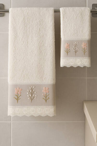 Nakışlı Dantelli 2'li Banyo ve El Havlu Seti Asorti 1 - HAVLU TAKIMLARI