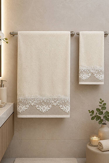 Nakışlı Dantelli 2'li Banyo ve El Havlu Seti Asorti 4 - HAVLU TAKIMLARI