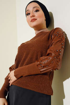 Nakışlı Deri Kol Triko Kazak Kahve - FİXAY