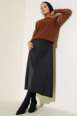 Nakışlı Deri Kol Triko Kazak Kahve - Kazak