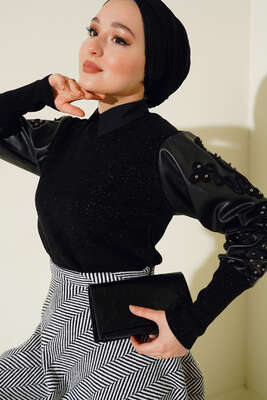 Nakışlı Deri Kol Triko Kazak Siyah - FİXAY