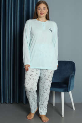 Nakışlı Desenli Viskon Büyük Beden Pijama Takım Buz Mavisi 
