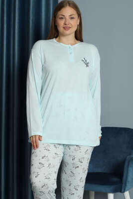 Nakışlı Desenli Viskon Büyük Beden Pijama Takım Buz Mavisi - Pijama