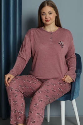 Nakışlı Desenli Viskon Büyük Beden Pijama Takım Gül Kurusu - Pijama