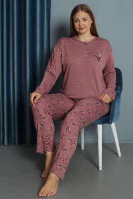 Nakışlı Desenli Viskon Büyük Beden Pijama Takım Gül Kurusu 