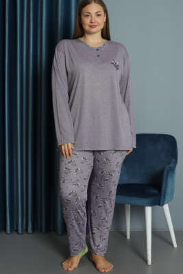 Nakışlı Desenli Viskon Büyük Beden Pijama Takım Leylak 