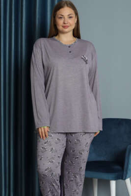 Nakışlı Desenli Viskon Büyük Beden Pijama Takım Leylak - Pijama