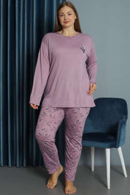 Nakışlı Desenli Viskon Büyük Beden Pijama Takım Lila 