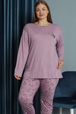 Nakışlı Desenli Viskon Büyük Beden Pijama Takım Lila - Pijama