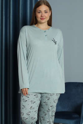 Nakışlı Desenli Viskon Büyük Beden Pijama Takım Mint - Pijama & Gecelik