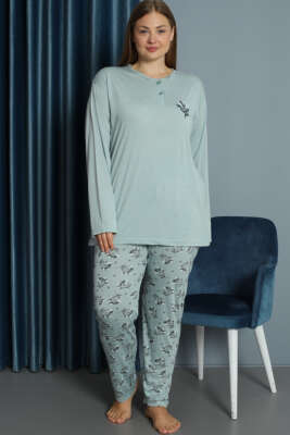 Nakışlı Desenli Viskon Büyük Beden Pijama Takım Mint 