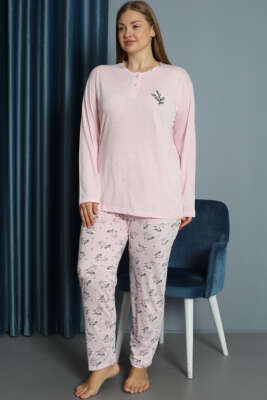 Nakışlı Desenli Viskon Büyük Beden Pijama Takım Pembe - IŞILAY