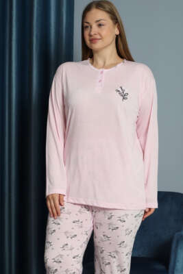 Nakışlı Desenli Viskon Büyük Beden Pijama Takım Pembe - Pijama & Gecelik