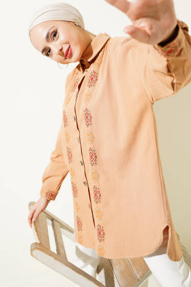 Nakışlı Düğmeli Gabardin Gömlek Camel - Gömlek