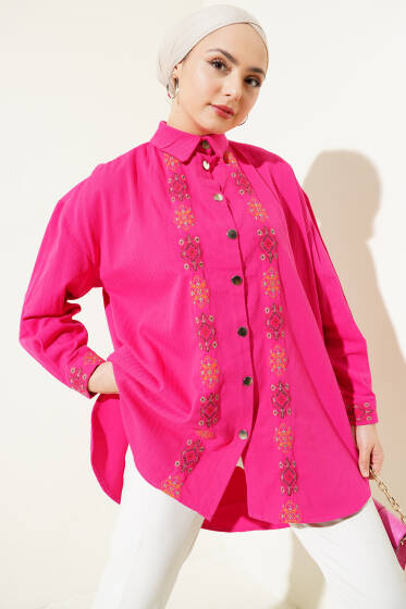 Nakışlı Düğmeli Gabardin Gömlek Fuşya - Gömlek