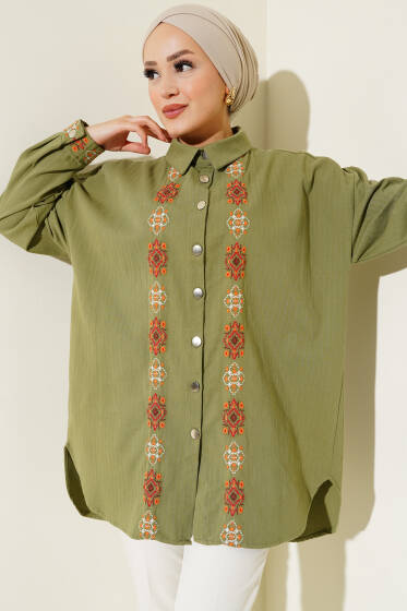 Nakışlı Düğmeli Gabardin Gömlek Haki - Gömlek