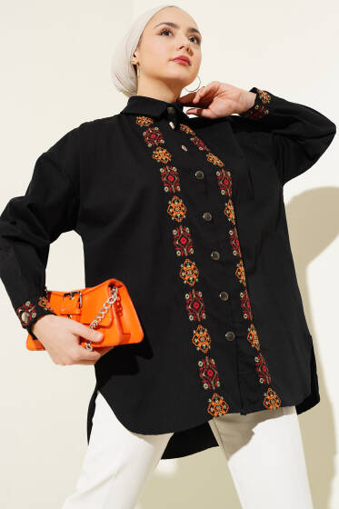 Nakışlı Düğmeli Gabardin Gömlek Siyah - Gömlek