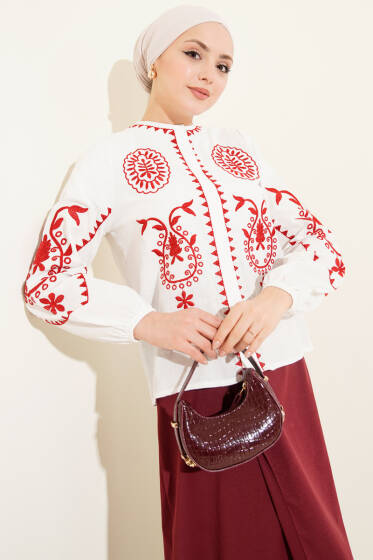 Nakışlı Düğmeli Keten Gömlek Ekru - Gömlek