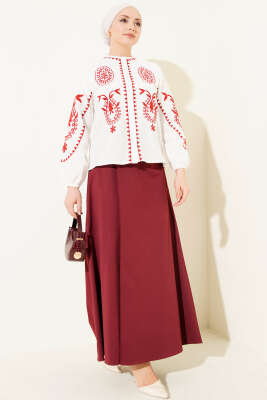 Nakışlı Düğmeli Keten Gömlek Ekru - Gömlek