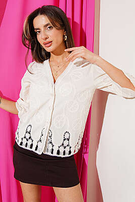 Nakışlı Düğmeli Yarım Kol Gömlek Bej - Kadın Giyim Modelleri