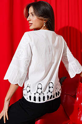 Nakışlı Düğmeli Yarım Kol Gömlek Beyaz - Kadın Giyim Modelleri