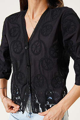 Nakışlı Düğmeli Yarım Kol Gömlek Siyah - Kadın Giyim Modelleri