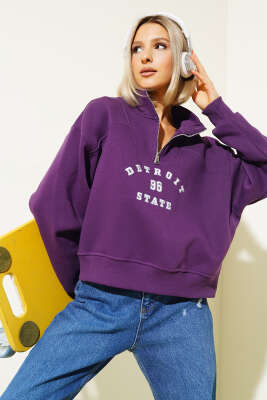 Nakışlı Fermuarlı Üç İplik Kısa Sweatshirt Mor - Kadın Giyim Modelleri