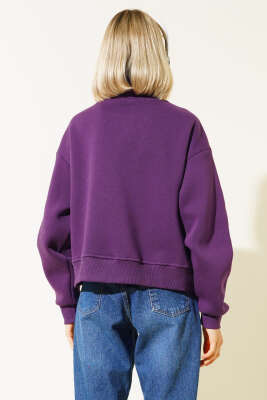 Nakışlı Fermuarlı Üç İplik Kısa Sweatshirt Mor - Kadın Giyim Modelleri