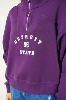 Nakışlı Fermuarlı Üç İplik Kısa Sweatshirt Mor - Kadın Giyim Modelleri
